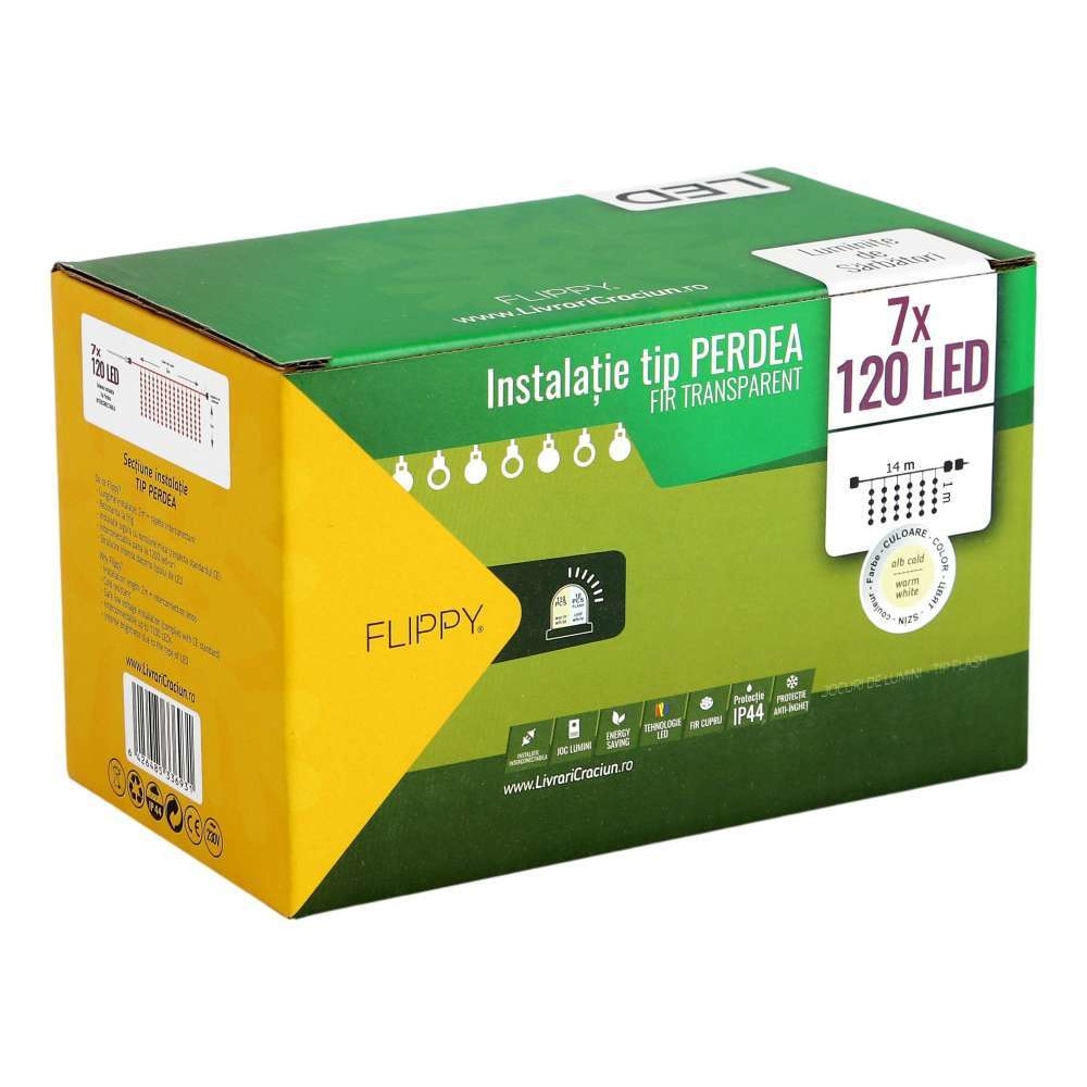 Instalatie Craciun, 14m x 1m, 840 LED-uri, Perdea, Alb Cald, Flash, Transformator, Interconectabila, Fir Transparent, Flippy®
