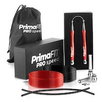 Coarda Sarituri Viteza Prima FIT Pro Speed, Set Profesionala, 3m Lungime Ajustabila, Rulmenti Din Otel, Manere Antiderapante Din Aluminiu, Suplimentare Franghie Si Greutati, 2 Protectii, Husa De Transport, Crossfit, Box, MMA, Rosu