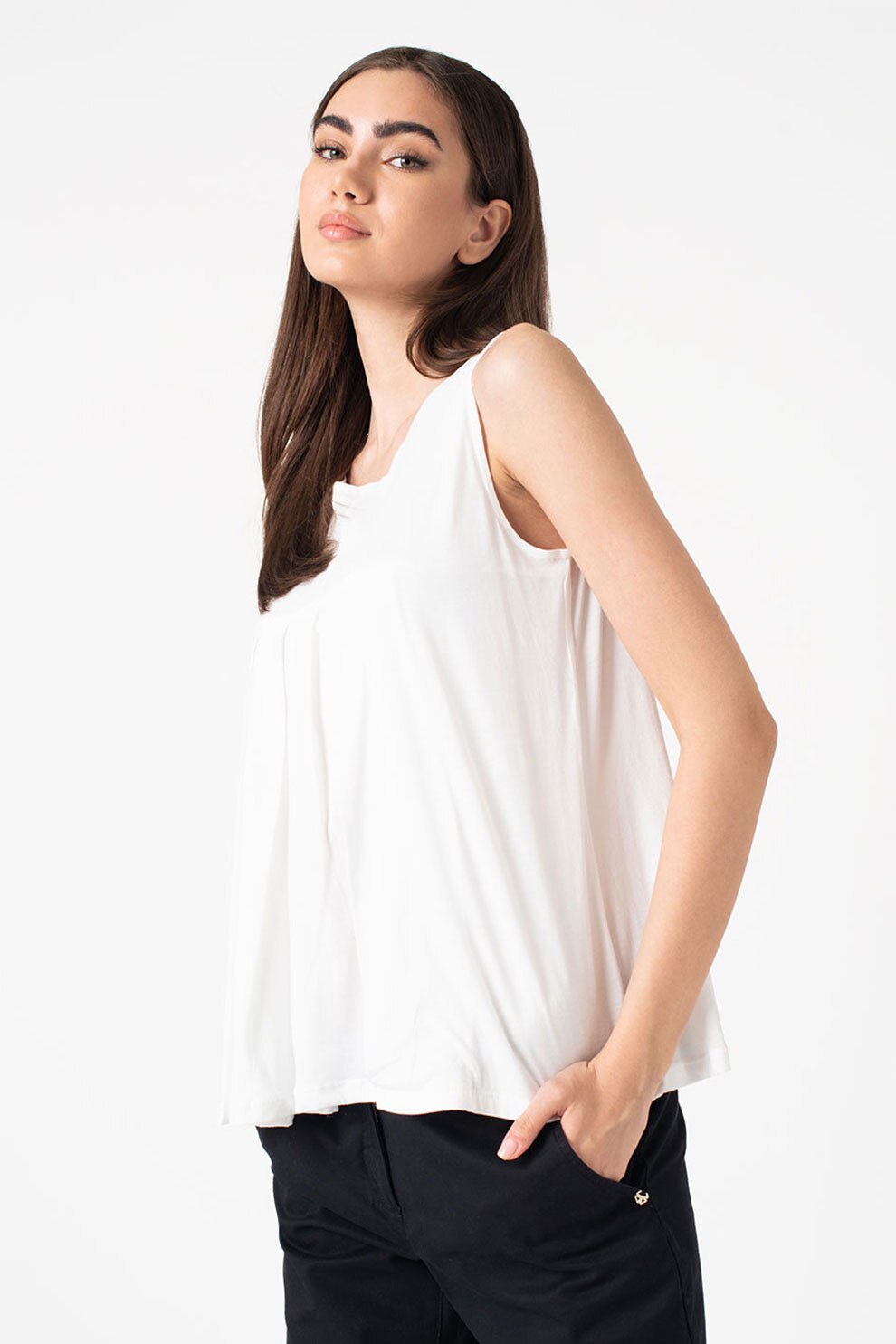 Stefanel, Top cu decolteu la baza gatului si pliuri inversate, Alb, XS