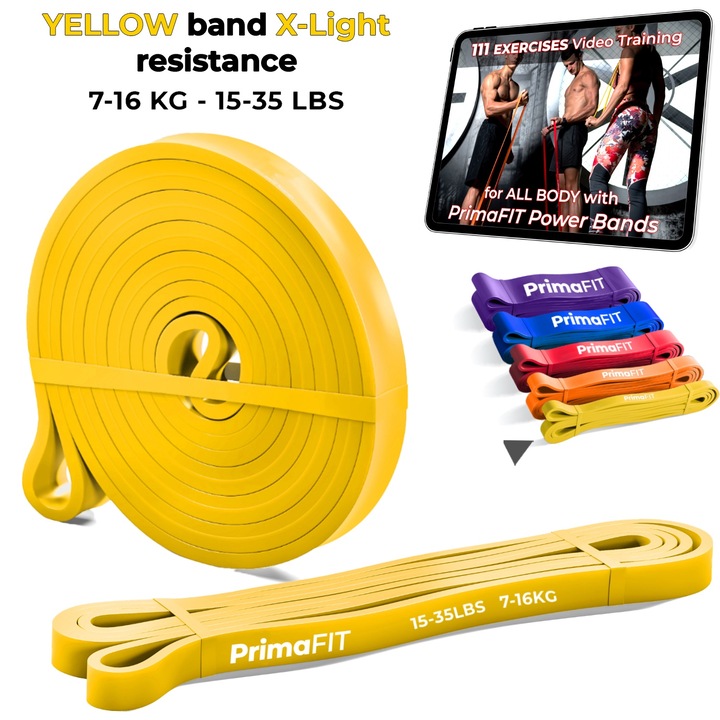 Banda Fitness Elastica Pentru Exercitii PrimaFIT, Video Cu 111 Exercitii, Antrenament, Rezistenta Pentru Forta, Coordonare, Mobilitate, Stretching, Reabilitare, 208x1.3x0.45cm, Rezistenta 7-16kg, Galben