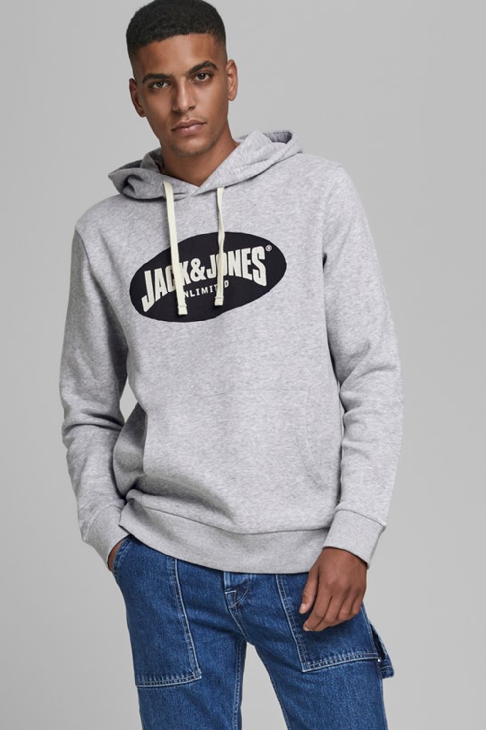 Jack&Jones, Hanorac cu imprimeu logo 24, Gri deschis melange