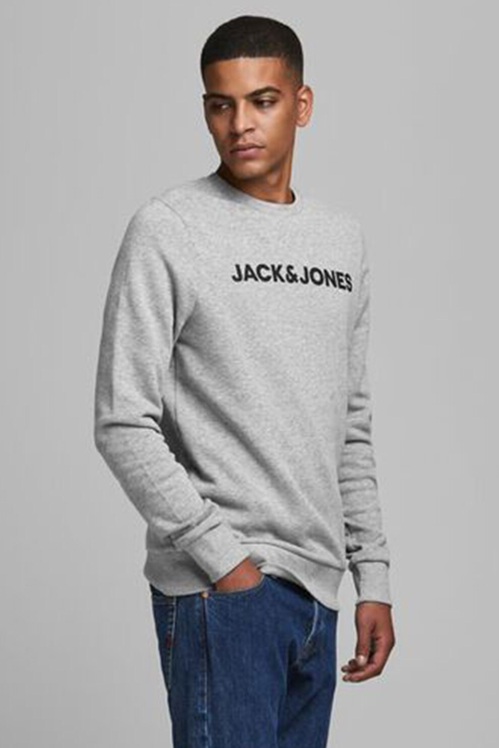 Jack&Jones, Bluza cu decolteu la baza gatului si imprimeu logo, Gri melange