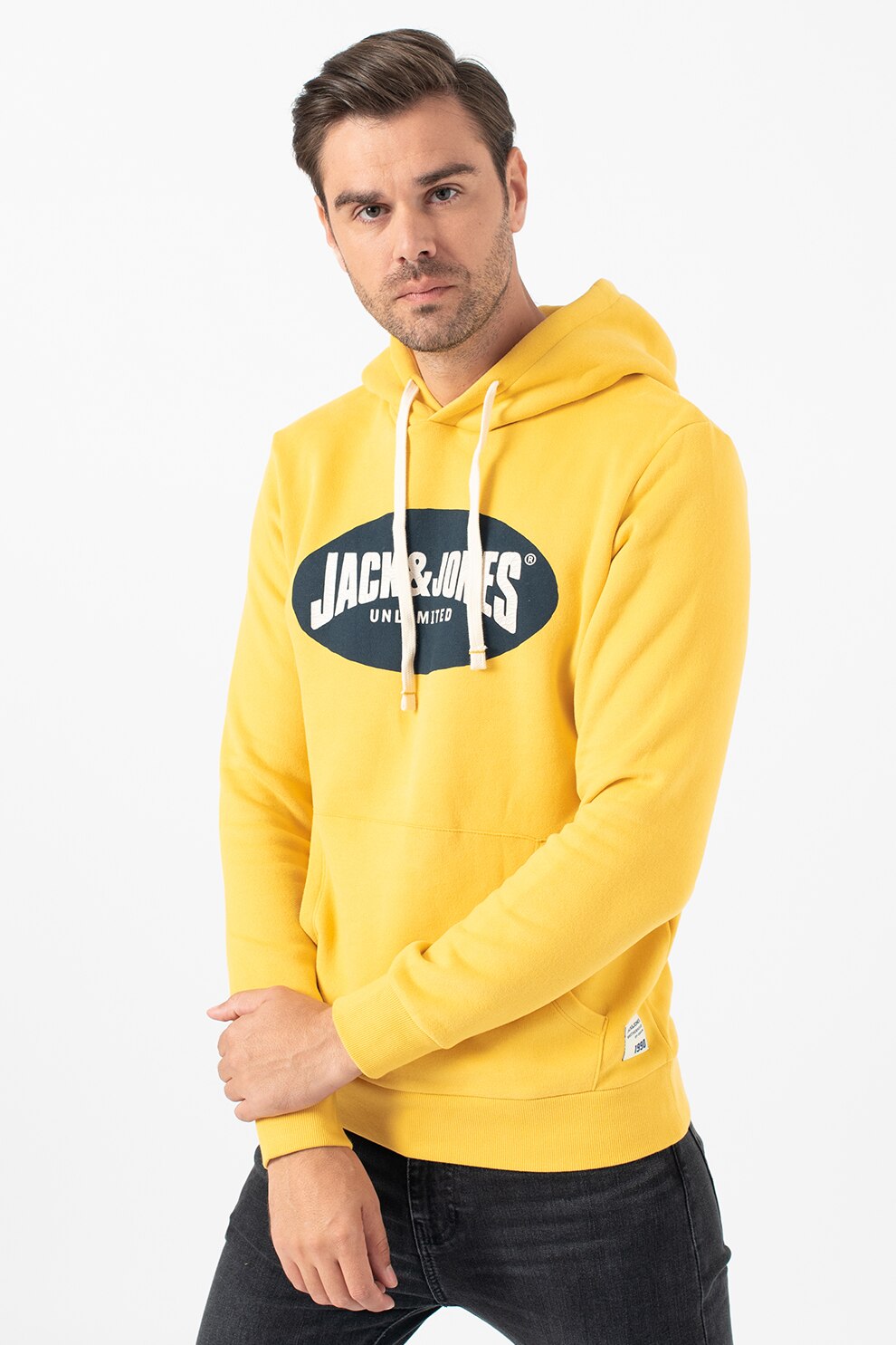 Jack&Jones, Hanorac cu imprimeu logo 24, Galben sofran/Bleumarin inchis/Alb