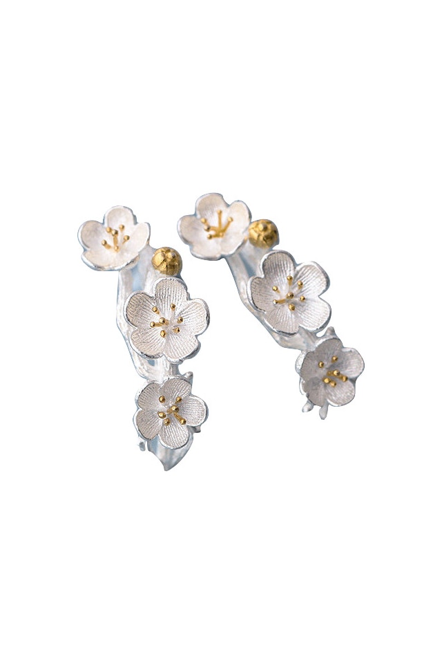 Cercei, flori de cires, argintati, delicati