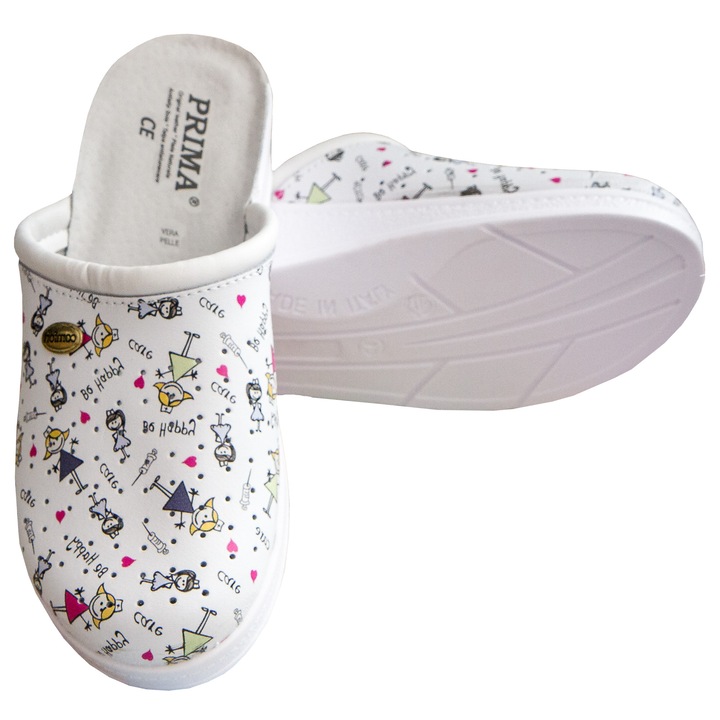 Saboti design pediatric, desene copii, piele perforati cu talpa antiderapanta, CE mark