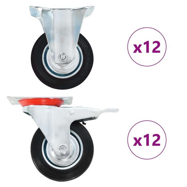 Set de 24 roti pivotante vidaXL, 100 mm, Negru 278044