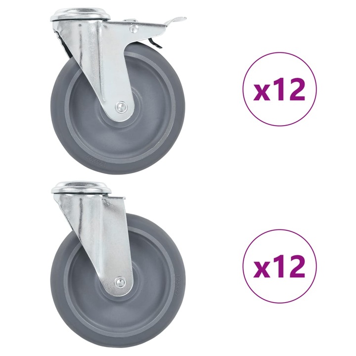 Set de 24 roti pivotante cu gaura pentru surub vidaXL, 125 mm, Gri