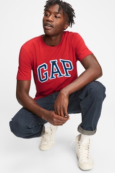GAP, Tricou cu decolteu la baza gatului si logo brodat, Rosu caramiziu/Alb/Albastru GAP, Tricou cu decolteu la baza gatului si logo brodat, Rosu caramiziu/Alb/Albastru