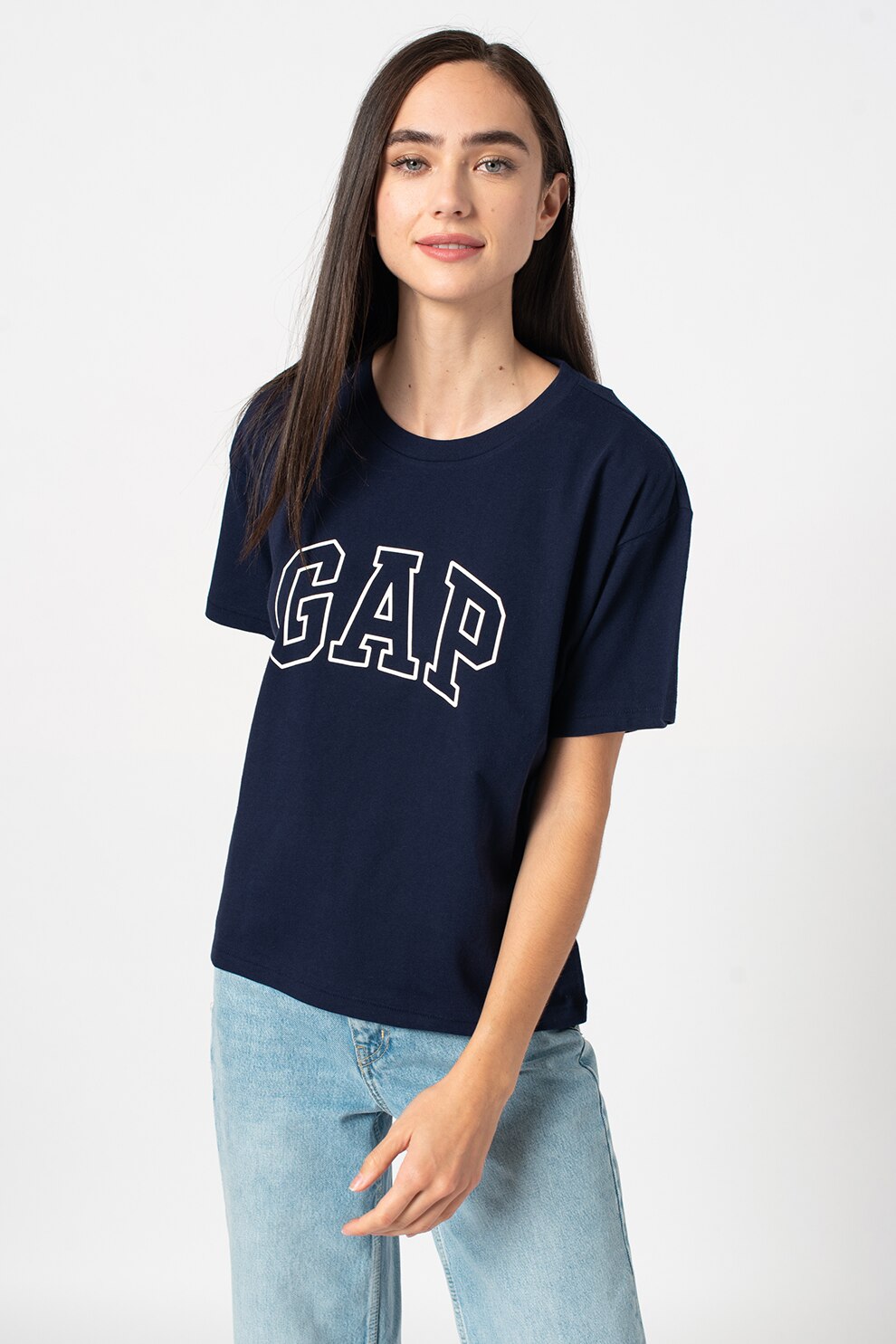 GAP, Tricou cu decolteu rotund si imprimeu logo, Bleumarin