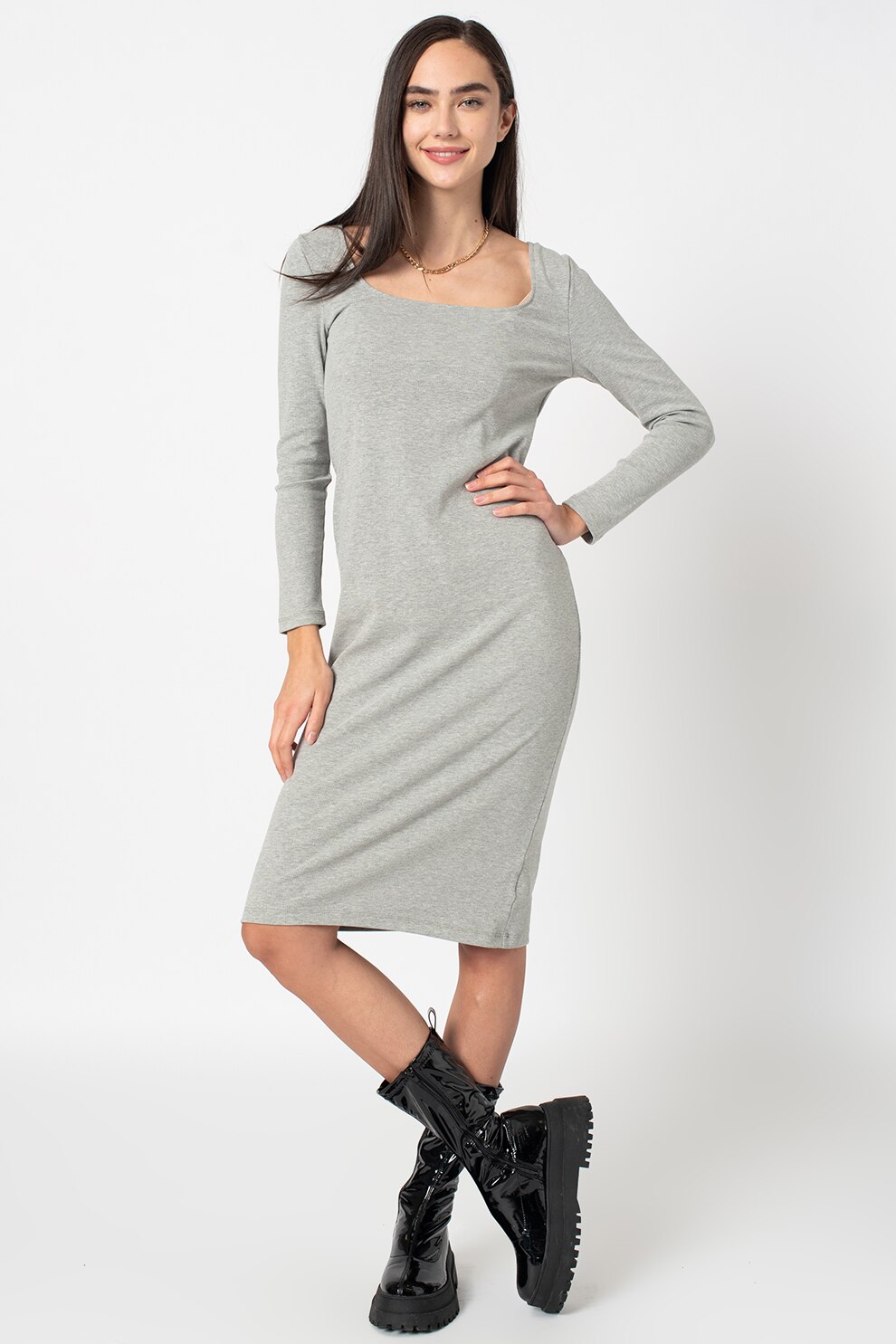 GAP, Rochie midi striata, Gri melange