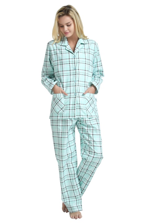 Set Pijama dama GLOBAL, Finet, Bumbac, Carou Verde, Marime 48 EU, XL