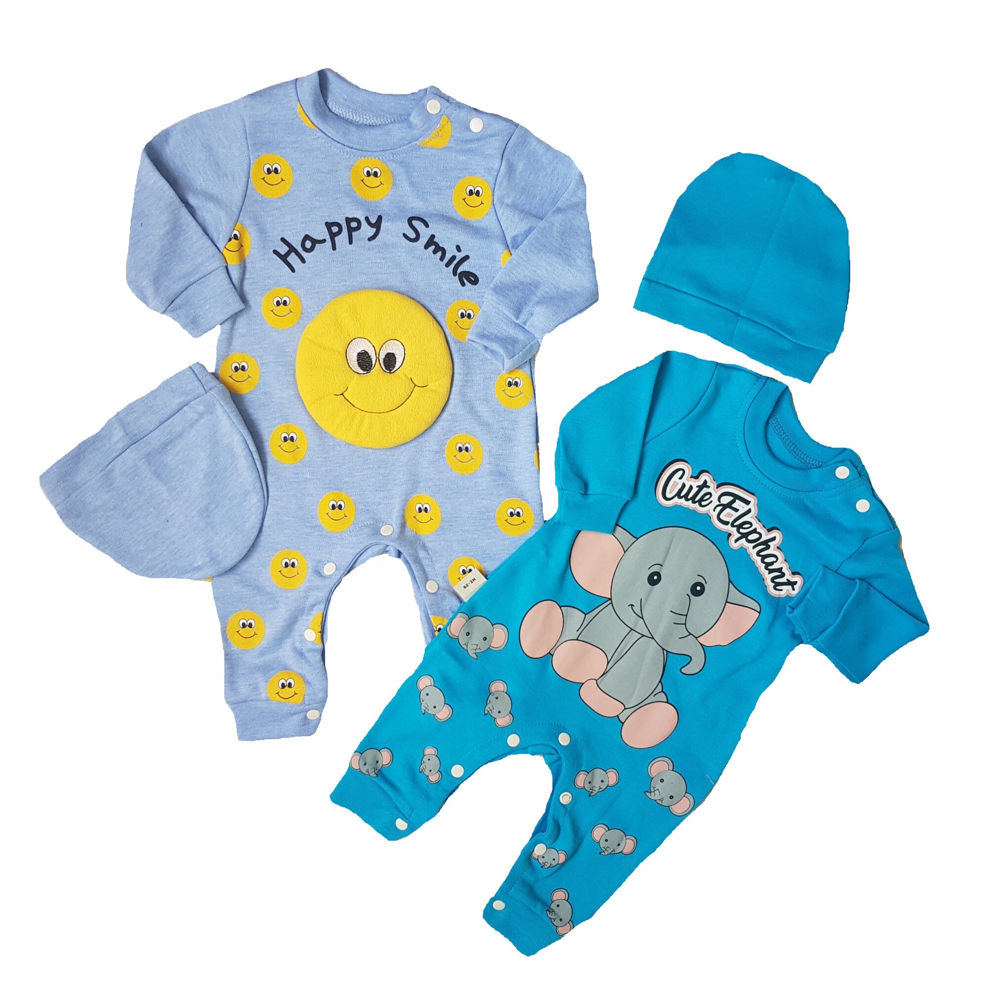 Set 2 salopete cu caciulite bumbac, fetite, Necix's, imprimeu Smiley face si elefantei, Multicolor, Multicolor