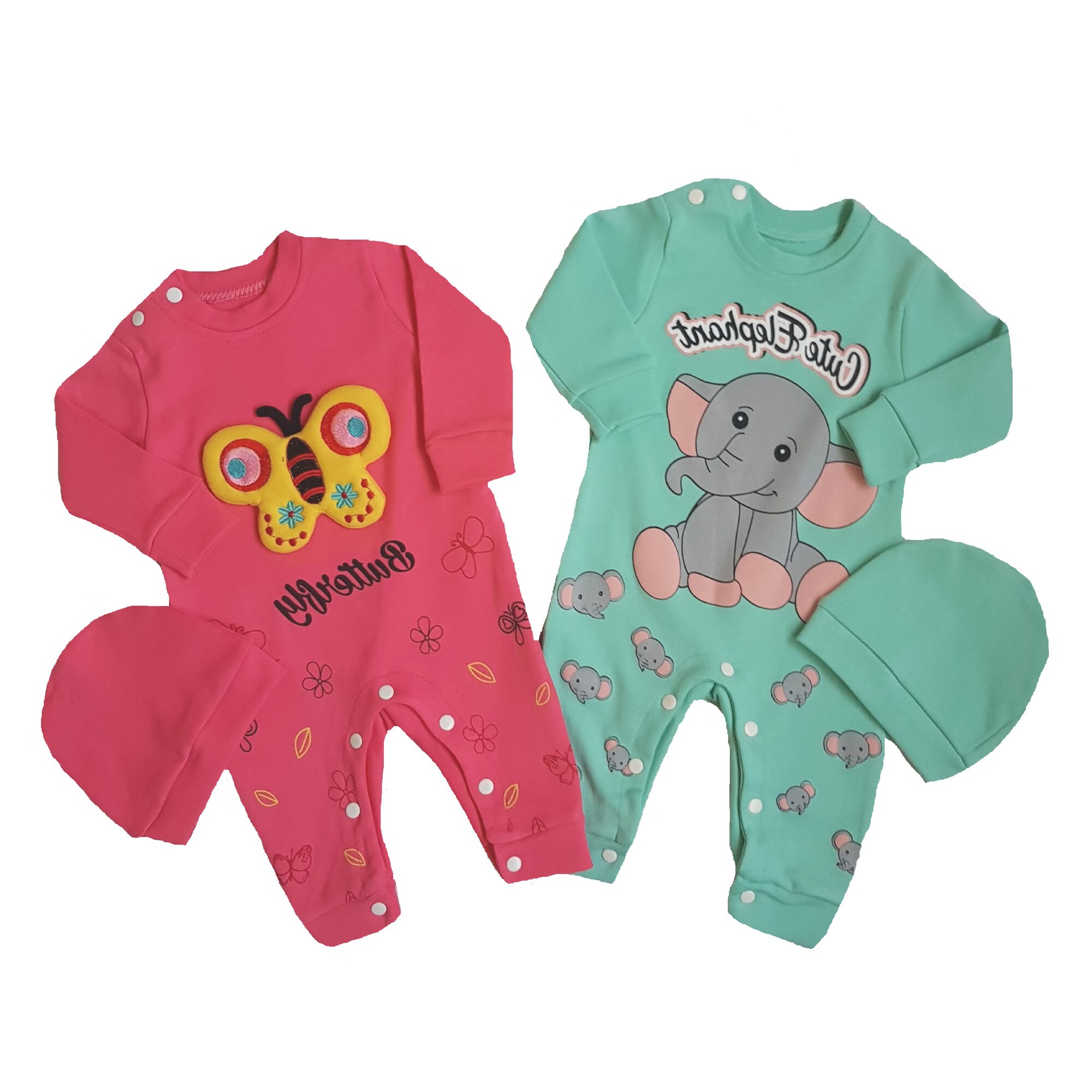 Set 2 salopete cu caciulite bumbac, fete, Necix's, cu imprimeu, Multicolor, Multicolor