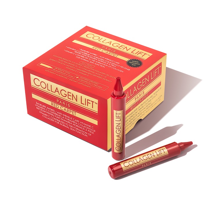 Colagen Lift Paris Red Carpet, pentru Par, Piele si Unghii, cu Vitamina C, Colagen, Acid Hialuronic si Alge, fara Zahar, Anti-aging, Aroma de Zmeura, 28 Fiole x 10 ml