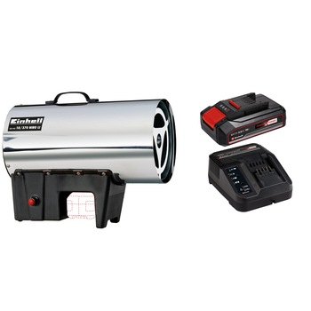 Generator fara fir de aer cald Einhell Power X-Change GE-HG 18/370 Niro Li-Kit, 18 V, emisie caldura 37 KW, volum aer operational 1000 m³/h, presiune maxima 1,5 bar, alimentat cu propan, butan sau propan-butan + incarcator rapid si acumulator de 2.5 Ah Generator fara fir de aer cald Einhell Power X-Change GE-HG 18/370 Niro Li-Kit, 18 V, emisie caldura 37 KW, volum aer operational 1000 m³/h, presiune maxima 1,5 bar, alimentat cu propan, butan sau propan-butan + incarcator rapid si acumulator de 2.5 Ah