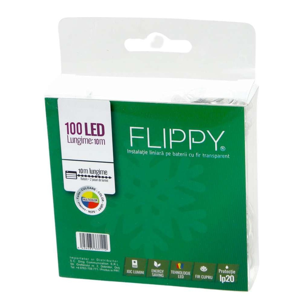 Instalatie Craciun, Liniara, 10 m, Baterii, Multicolor, 100 LED -uri, 2 jocuri de lumini, Fir Transparent