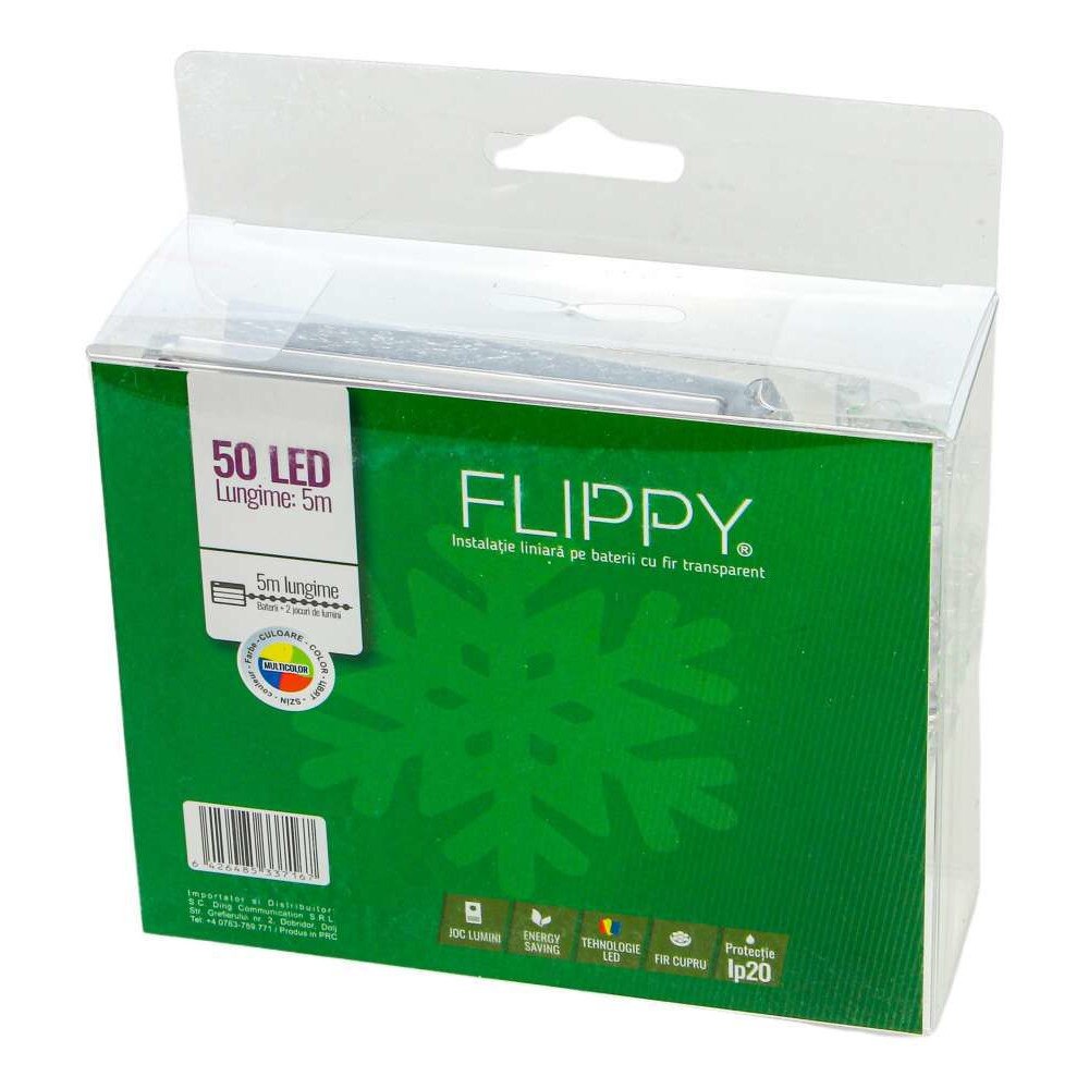 Instalatie Craciun, Liniara, 5 m, Baterii, Multicolor, 50 LED -uri 2 jocuri de lumini, Fir Transparent