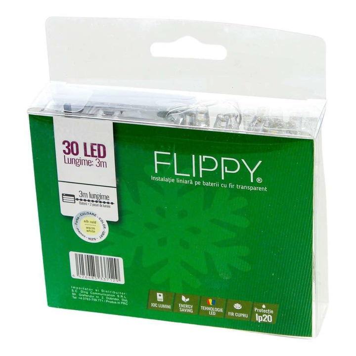 Коледни лампички, Flippy, тип низ, 3м, 30 Flash LED, прозрачна жица, топло бяло