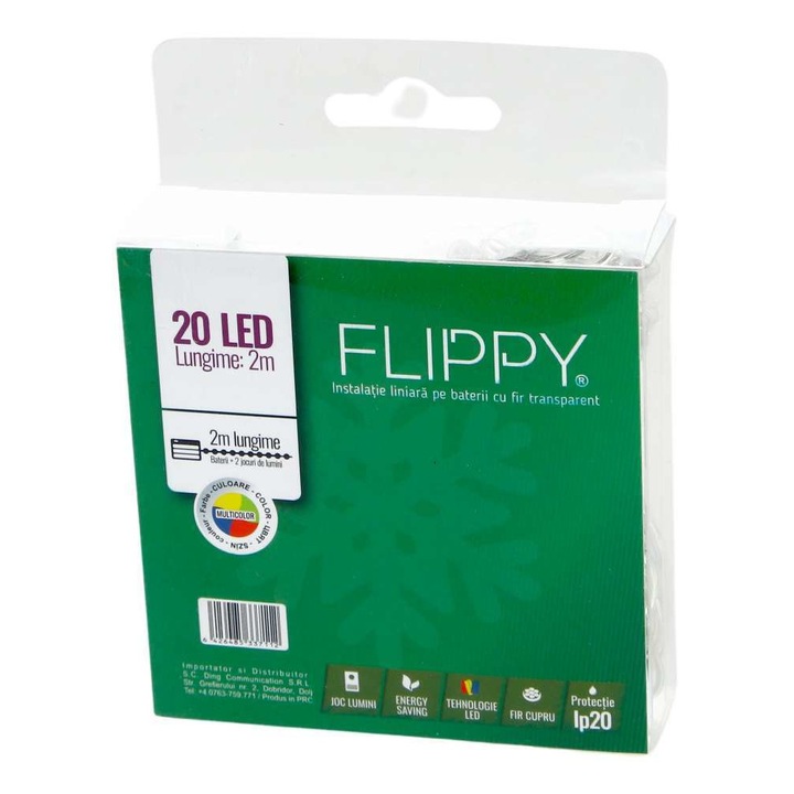 Коледни лампички, Flippy, тип низ, 2м, 20 Flash LED, прозрачна жица, Многоцветен