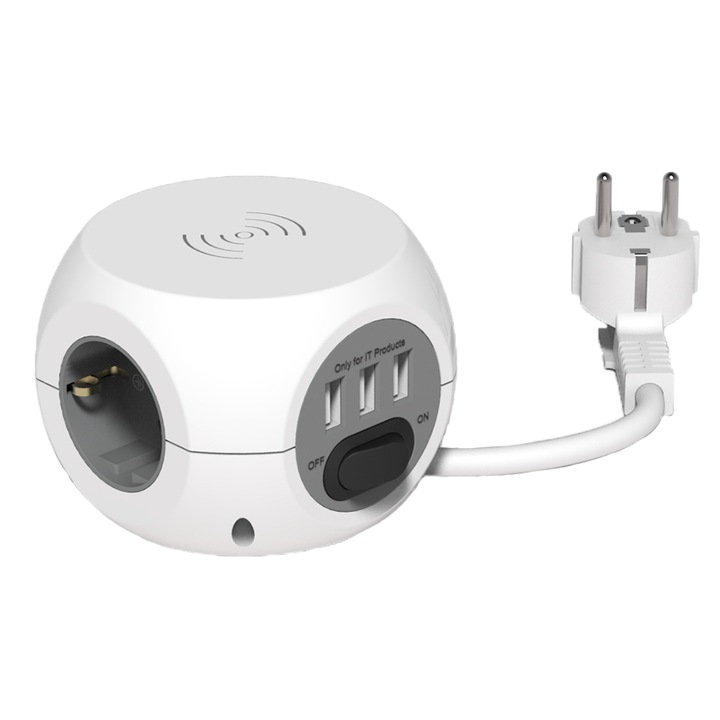 Разклонител minicub Strohm, 3 гнезда, Зареждане с индукция, 3 гнезда, 3xUSB, 2.4A, Ключ, Кабел 3 м, Бял