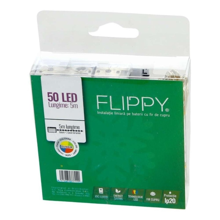 Instalație de Crăciun tip liniar, 5m, 50 LED-uri multicolore, funcții Always ON și Flashing