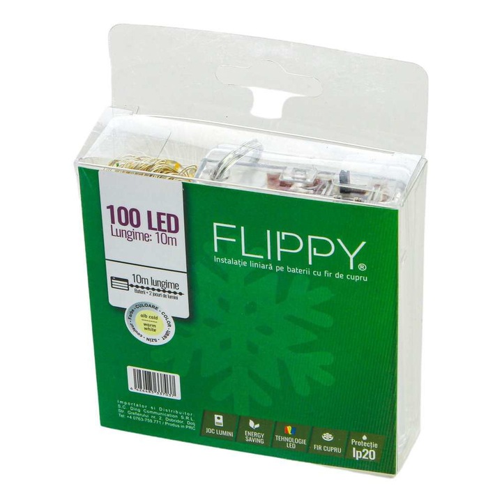Коледни лампички, Flippy, тип низ, 10м, 100 Flash LED, меден жица, топло бяло