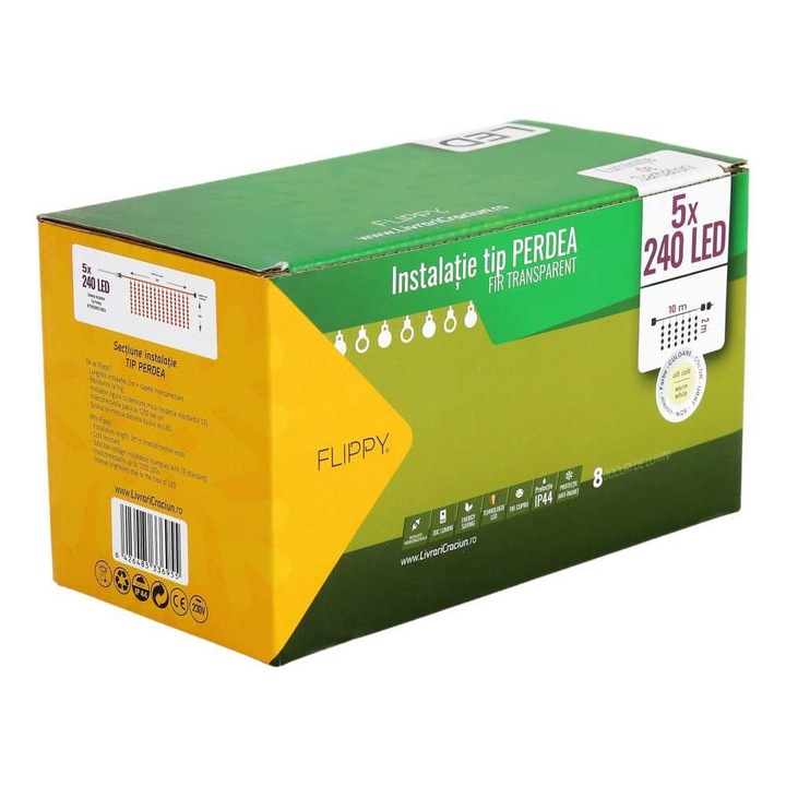 Коледни лампички Flippy, Завеса, 10м x 2м, 1200 LED, 8 фази на светене, с трансформатор, Прозрачен кабел, Топло светлина