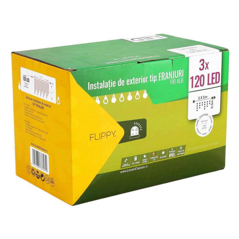 Instalatie Craciun, 15m, 360 LED-uri Franjuri, Flash, Alb Rece, Transformator,, Interconectabila, Fir Alb, Premium, Flippy