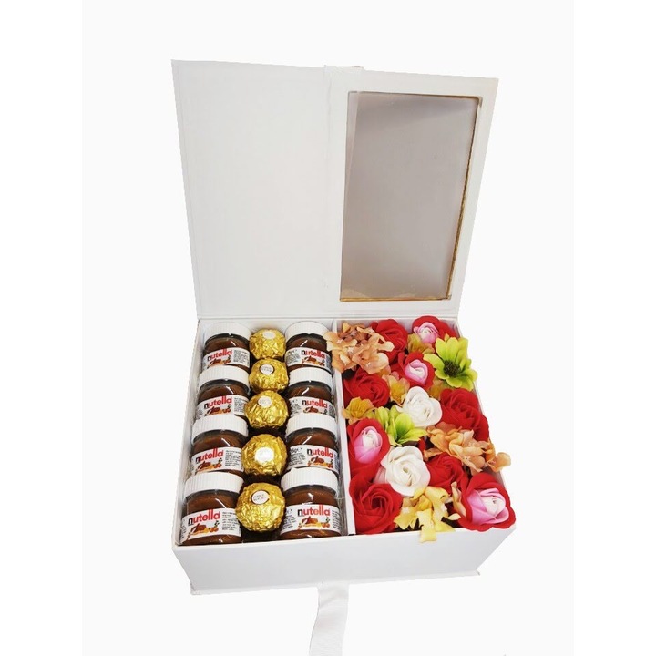 BoxEnjoy - fehér LOVE ládika desszert doboz- piros szappanrózsával, Nutella és Ferrero Rocher