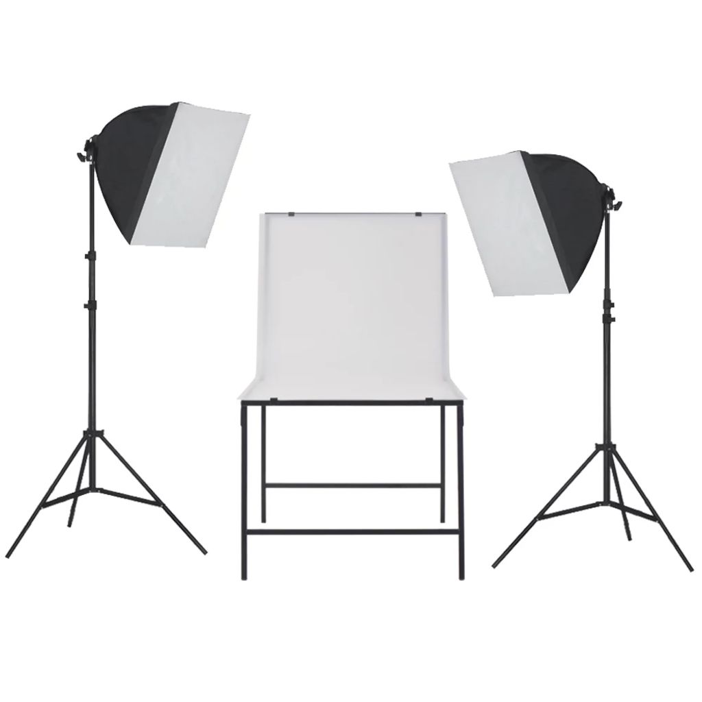 Set de lumini pentru studio cu iluminare softbox si masa foto, vidaXL, Otel, Negru