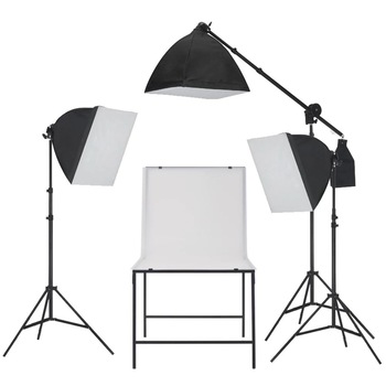 Set de lumini pentru studio cu iluminare softbox si masa foto, vidaXL, Otel, Negru Set de lumini pentru studio cu iluminare softbox si masa foto, vidaXL, Otel, Negru