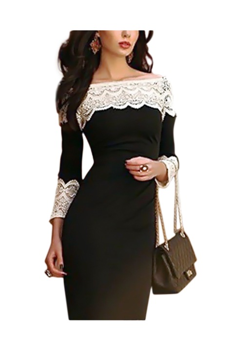 Рокля Eviza, С дантела, Лодка деколте, Права, Черно и бяло