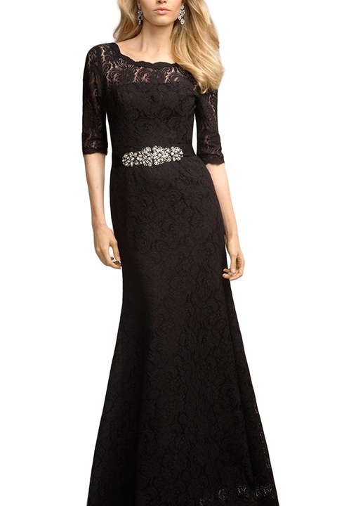 Рокля Eviza, Дантела, Подплата памук, Дълга, Черна