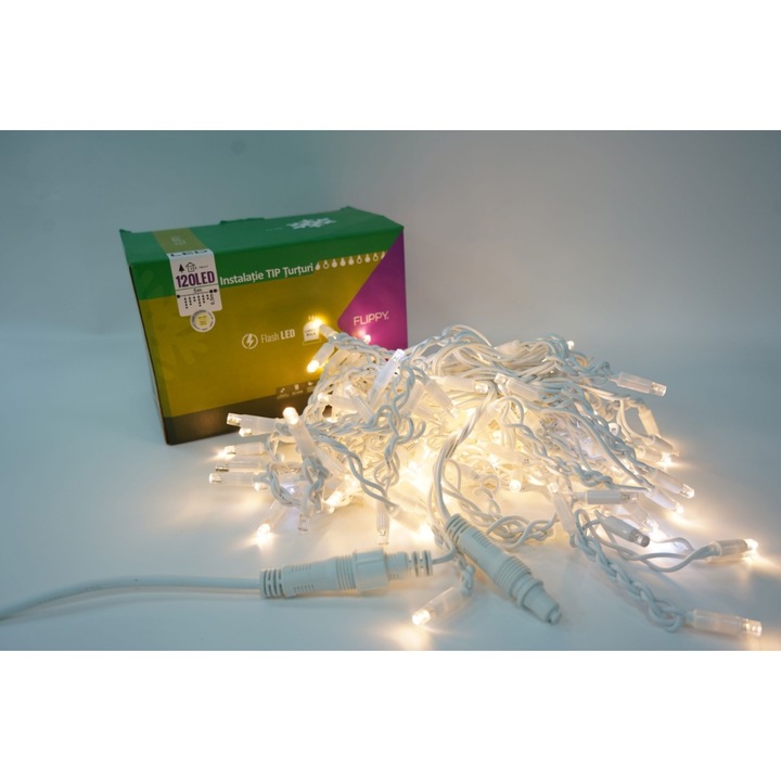 Produs premium - Instalatie Craciun, 95 m, 2280 Led-uri, Franjuri, Alb cald, Flash, Alimentator, Interconectabila, Prelungitor 6.5 m inclus, Fir Alb Cauciucat, 220v, Southern Sky