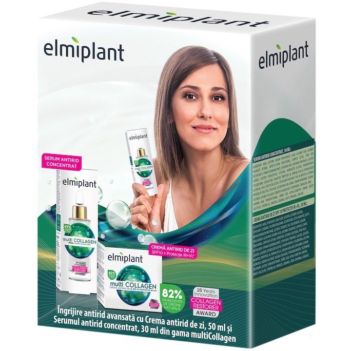 Подаръчен комплект Elmiplant, Жени: Дневен крем Multicollagen, 50 мл + Серум за лице Multicollagen, 30 мл