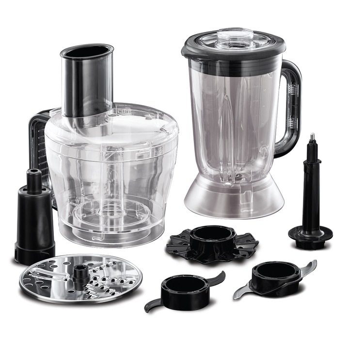 Set Robot de bucatarie + Accesorii, Russell Hobs, 600 W, 2 trepte de viteza, 1.5 l, Negru/Transparent