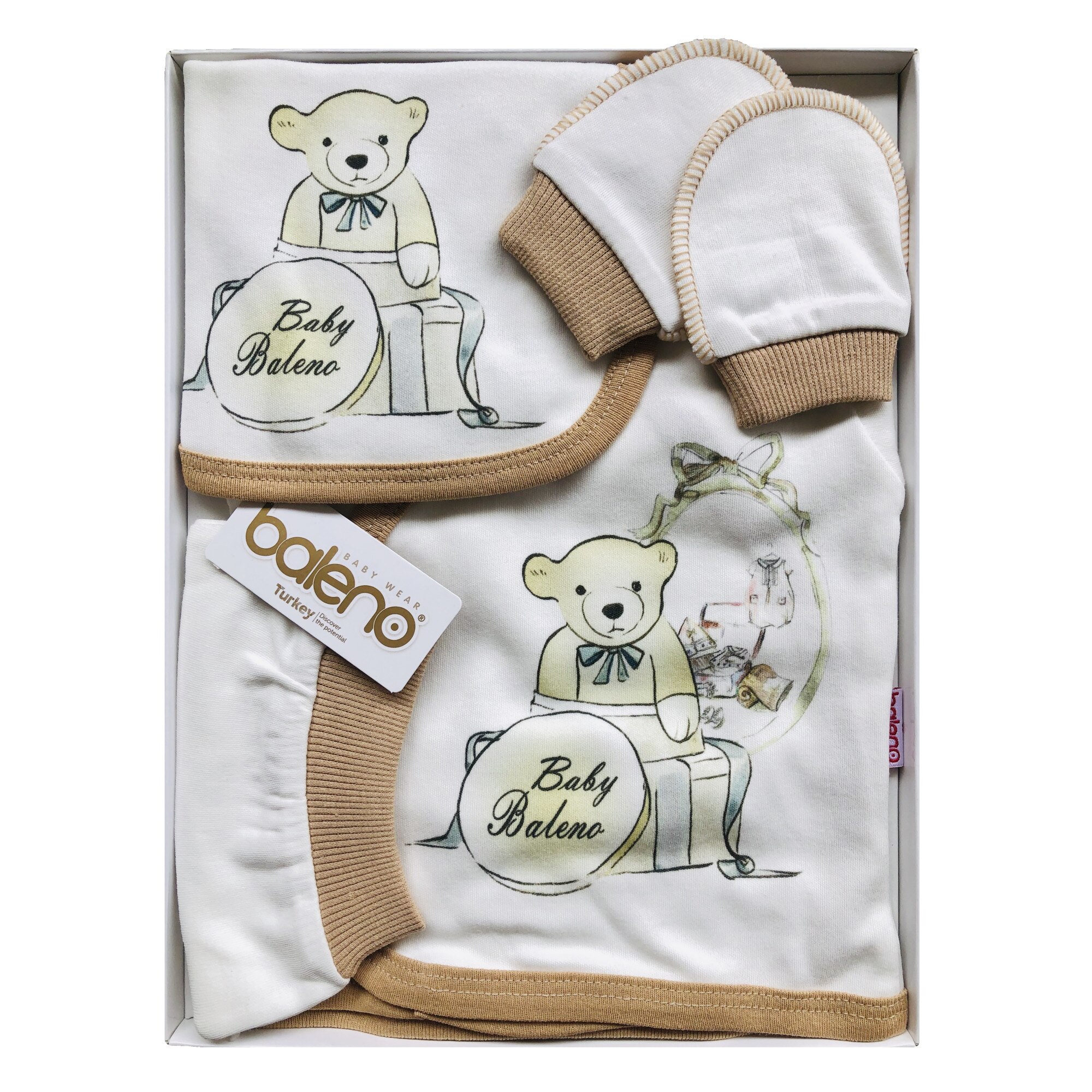 Set Cadou Bebelusi Nou Nascut Baleno Baby Wear Imprimeu Ursuleti 0 3 Luni 5 Piese Bumbac 100 Anti Alergic Alb Bej Emag Ro