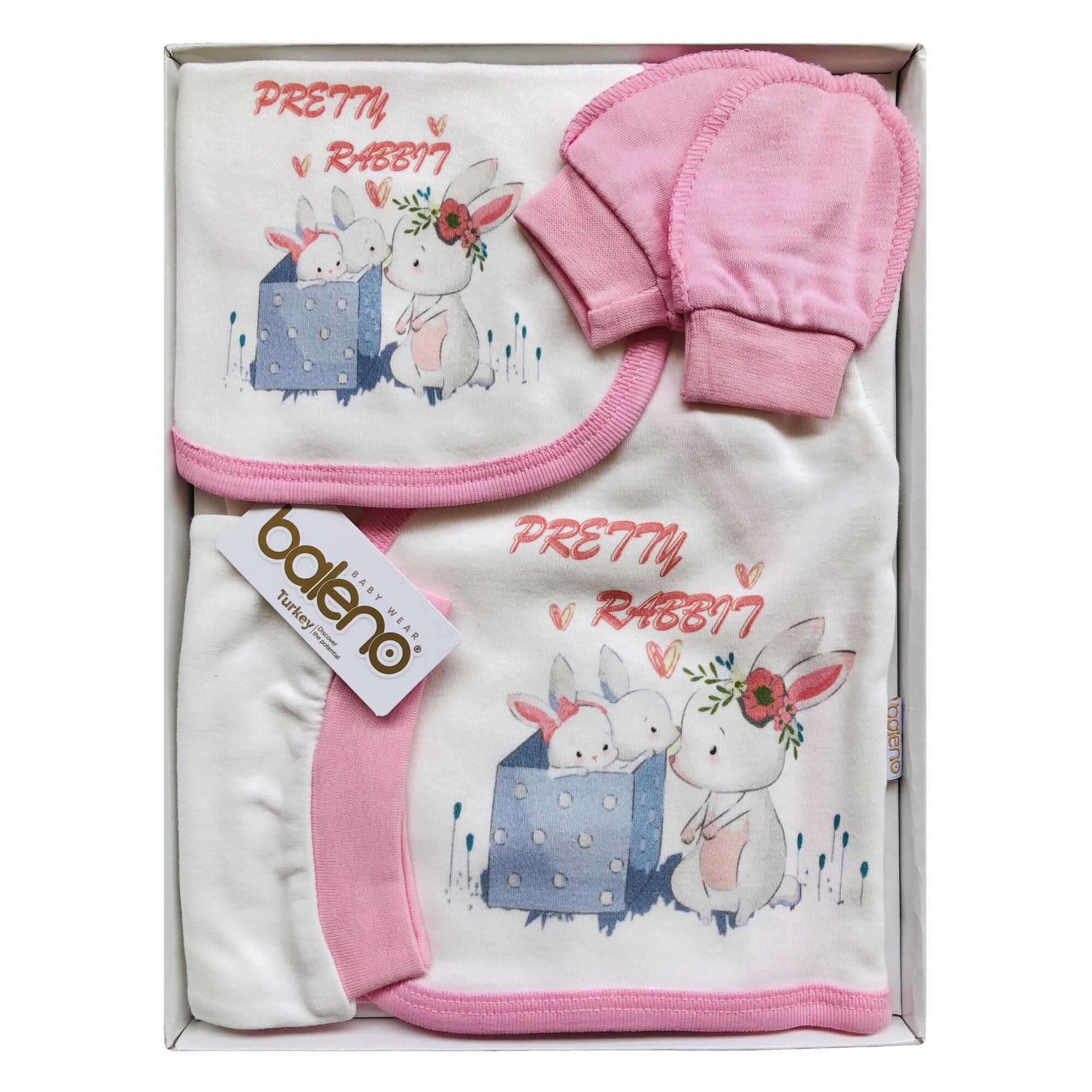 Set Cadou Bebelusi Nou Nascut Baleno Baby Wear Model Pretty Rabbit 0 3 Luni 5 Piese Bumbac 100 Anti Alergic Alb Roz Emag Ro