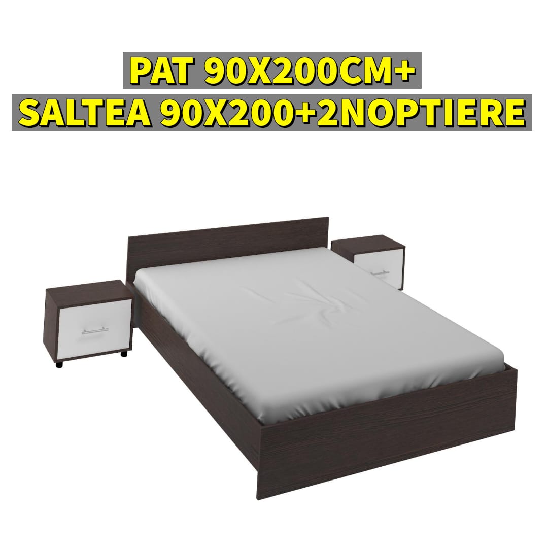 Pat 90x200cm + Saltea + 2 Noptiere
