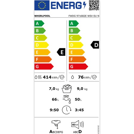 Masina de spalat rufe cu uscator Whirlpool FWDG971682EWSVEUN, 9 kg spalare, 7 kg uscare, 1600 rpm, Clasa D, Tehnologia al 6-lea Simt, FreshCare+, Motor Inverter, Display Digital, Alb