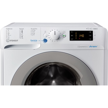 Masina de spalat rufe cu uscator Indesit BDE961483XWSEUN, 9 kg spalare, 6 kg uscare, 1400 rpm, Clasa C, Motor Inverter, Display Digital, Alb