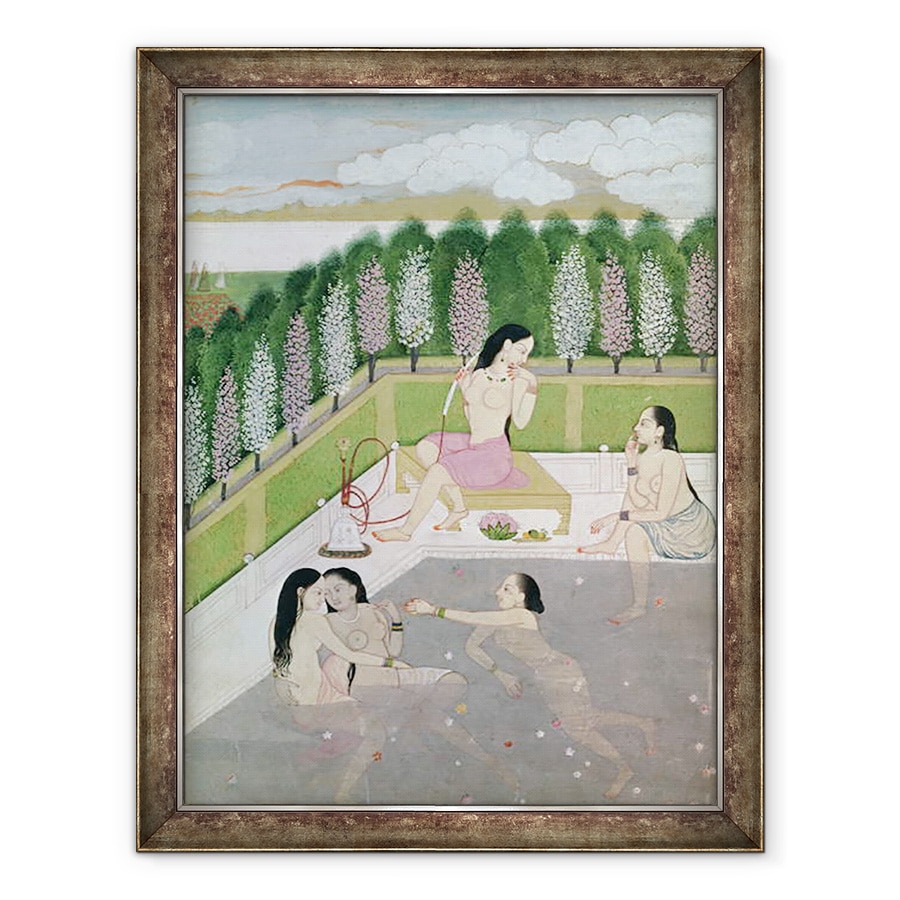 Tablou inramat - Scoala indiana - Fete Baie, Stil Pahari, scoala Kangra, Himachel Pradesh, 60 x 80 cm