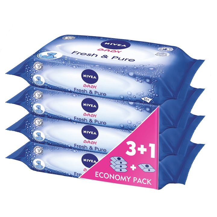 Fresh & Pure Nivea Baby Economy Pack nedves törlőkendők, 63 darab, 3+1