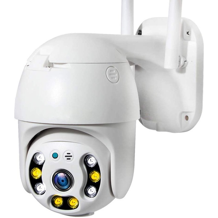 Pimpom OutD külső IP kamera, vezeték nélküli, biztonság, kamera, WiFi, IP, HD, 1080P, Pan / Tilt / Zoom IP66 időjárásálló, kétirányú hang, mozgáskövetés, éjszakai látás, 5dbi antenna, ICSee, alkalmazás, fehér