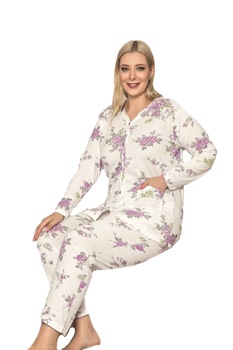 Pijama 100% bumbac, dama, alba, print floral, Alb Pijama 100% bumbac, dama, alba, print floral, Alb