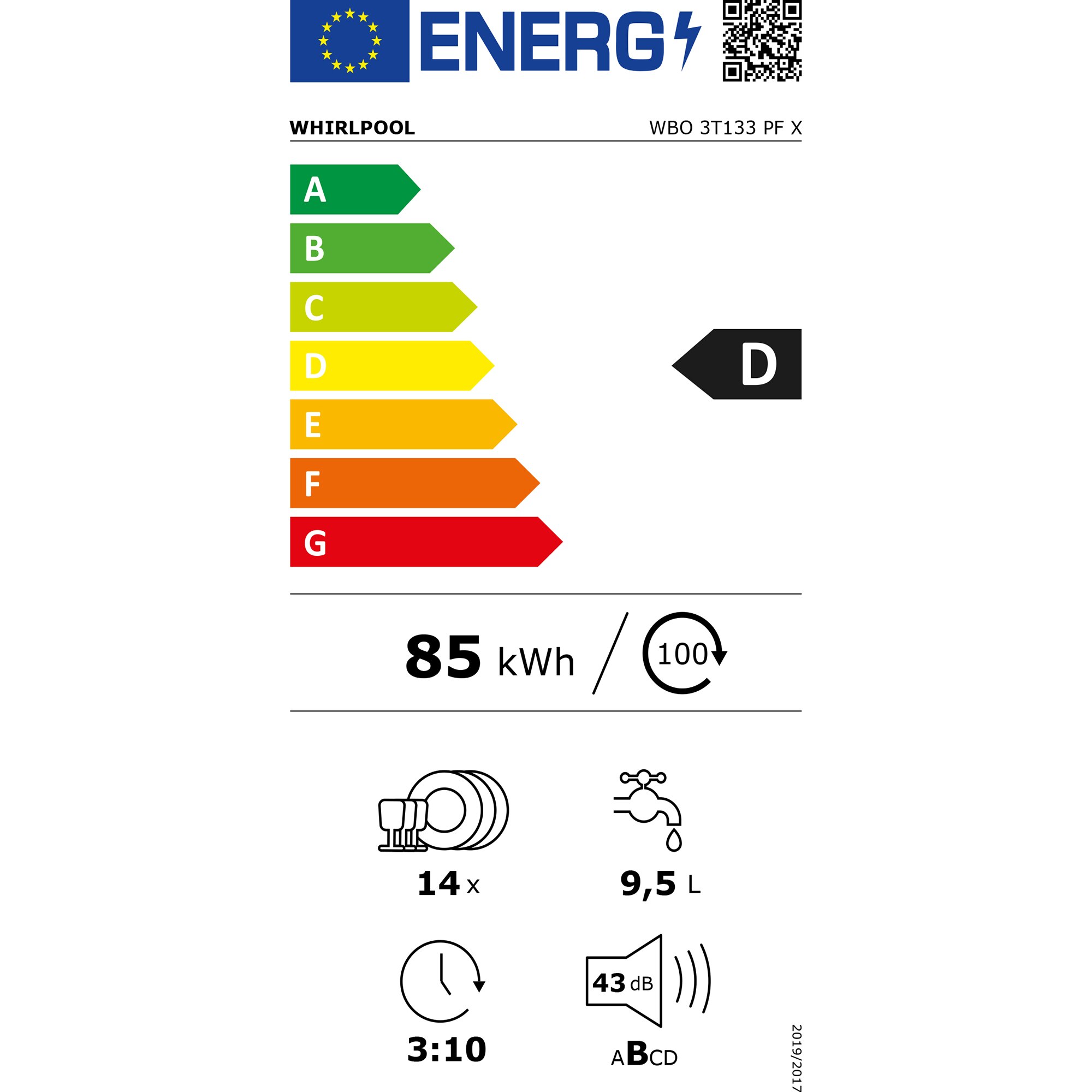 Mașină de spălat vase incorporabilă Whirlpool WBO 3T133 PF X, 14 seturi, 10 programe, Program senzor 6th Sense, Consum de apă 9.5L, Clasă energetică D, inox