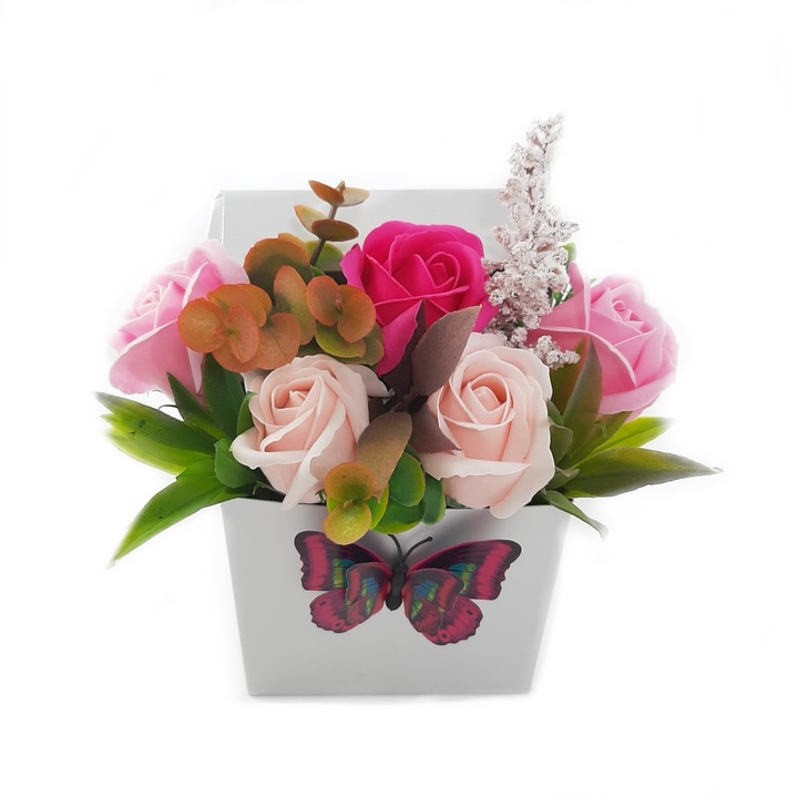 Aranjament floral, Sevirox Decor, cu 5 trandafiri din sapun, ciclam, roz si roz pal, model Pinky