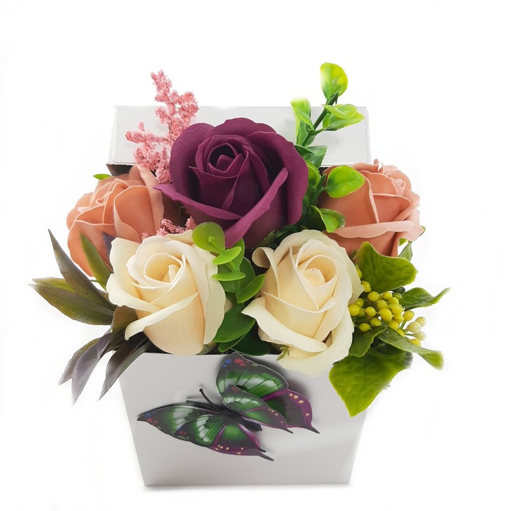 Aranjament floral, Sevirox Decor, cu 5 trandafiri din sapun, mov , frezie, crem, model Aurora