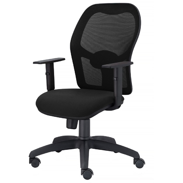 Scaun ergonomic de birou TRAFFIC CHAIRS AERO ECO, tapiterie sezut textil, NEGRU, spatar mesh NEGRU, brate reglabile, mecanism multiblock, suport lombar reglabil