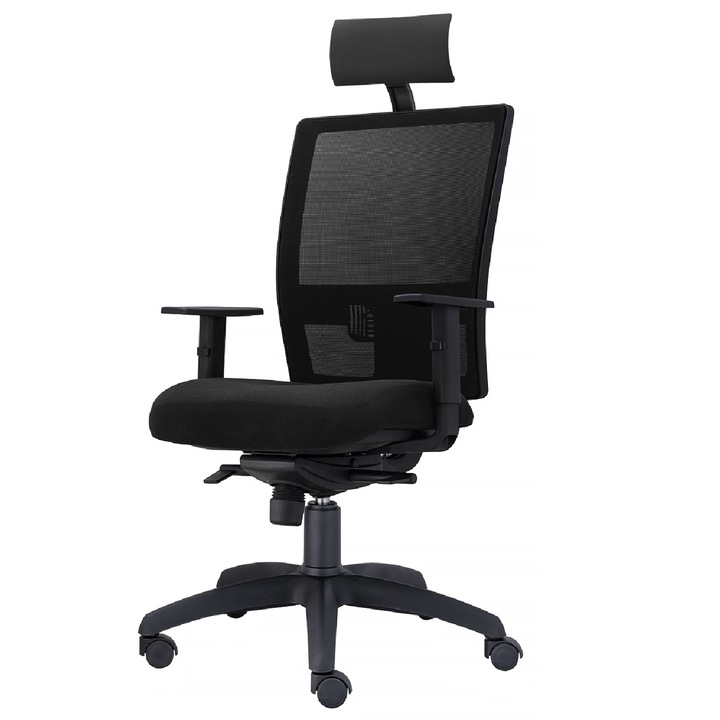 Scaun ergonomic de birou TRAFFIC CHAIRS CLEVER, tapiterie textil NEGRU, spatar reglabil pe inaltime cu mesh NEGRU, mecanism multiblock